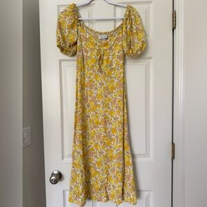 Faithfull the Brand X Lennox Midi Ditzy Floral White Yellow Pink Dress Sz Small